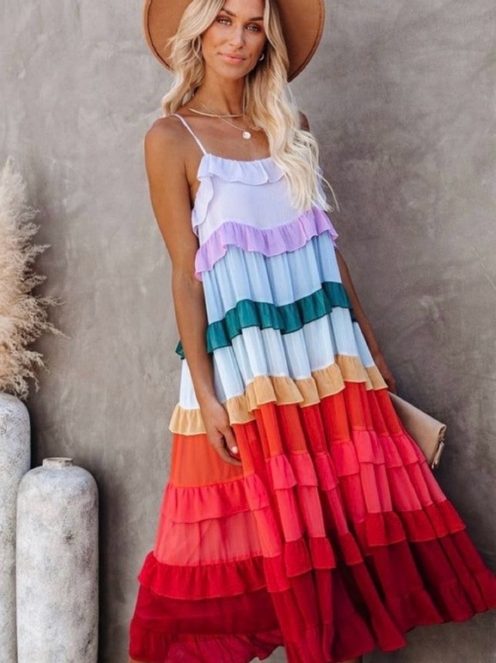 Storia Rainbow Tiered Ruffle Dress | Colorblock Midi | Size Small